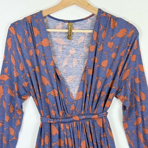 Rachel Palley Womens Large Blue Orange Leaves Pattern Long Sleeve Plunge Dress - Picture 3 of 8